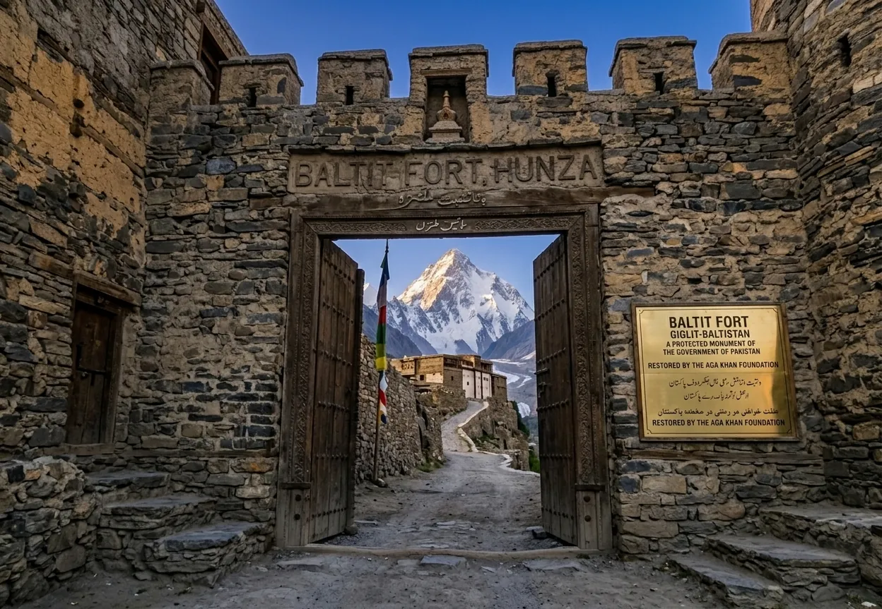 Baltit Fort in Hunza with snow peak in the distance
