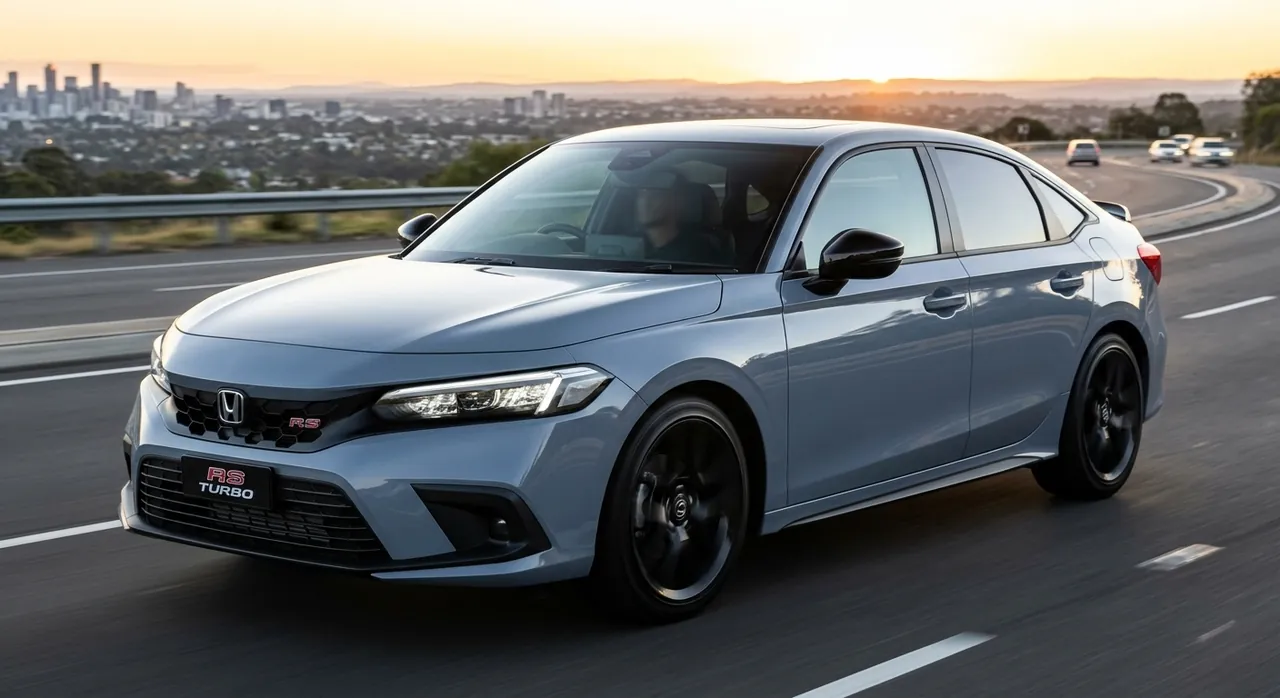 Honda Civic RS Turbo sedan on a highway at sunset
