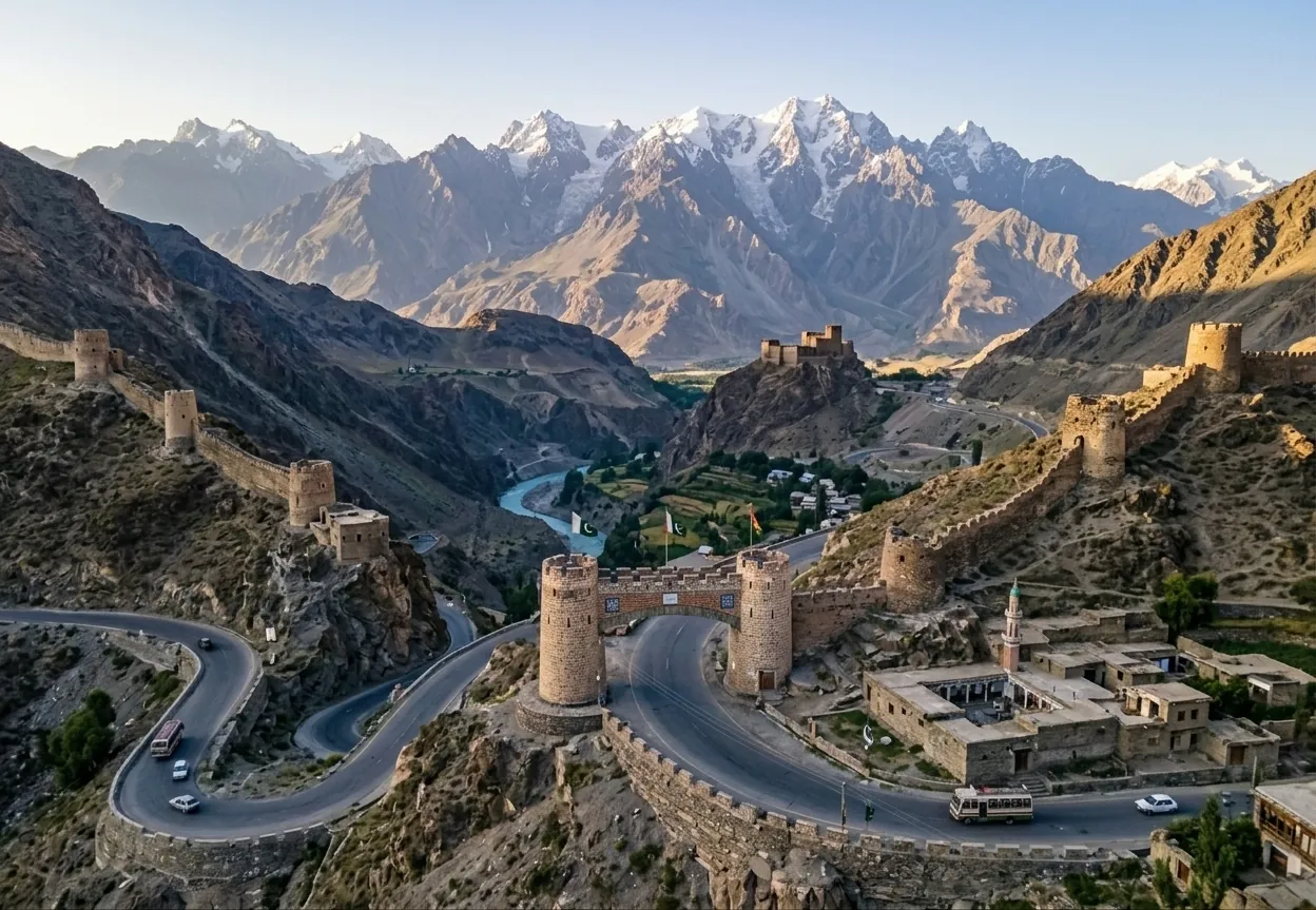 Winding mountain road and watchtowers in northern Pakistan