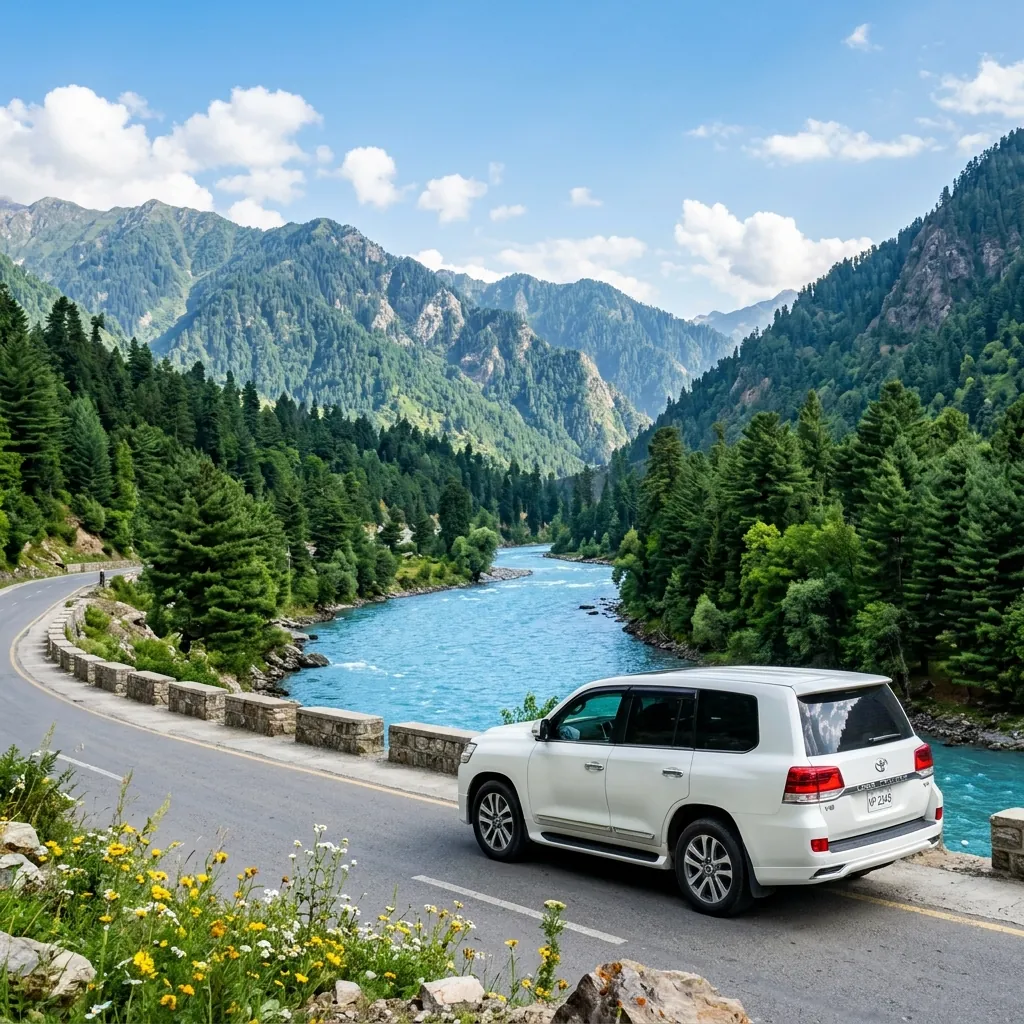 White Toyota Land Cruiser V8 on a pine-lined mountain road beside a blue river, typical of the hill drives from Islamabad