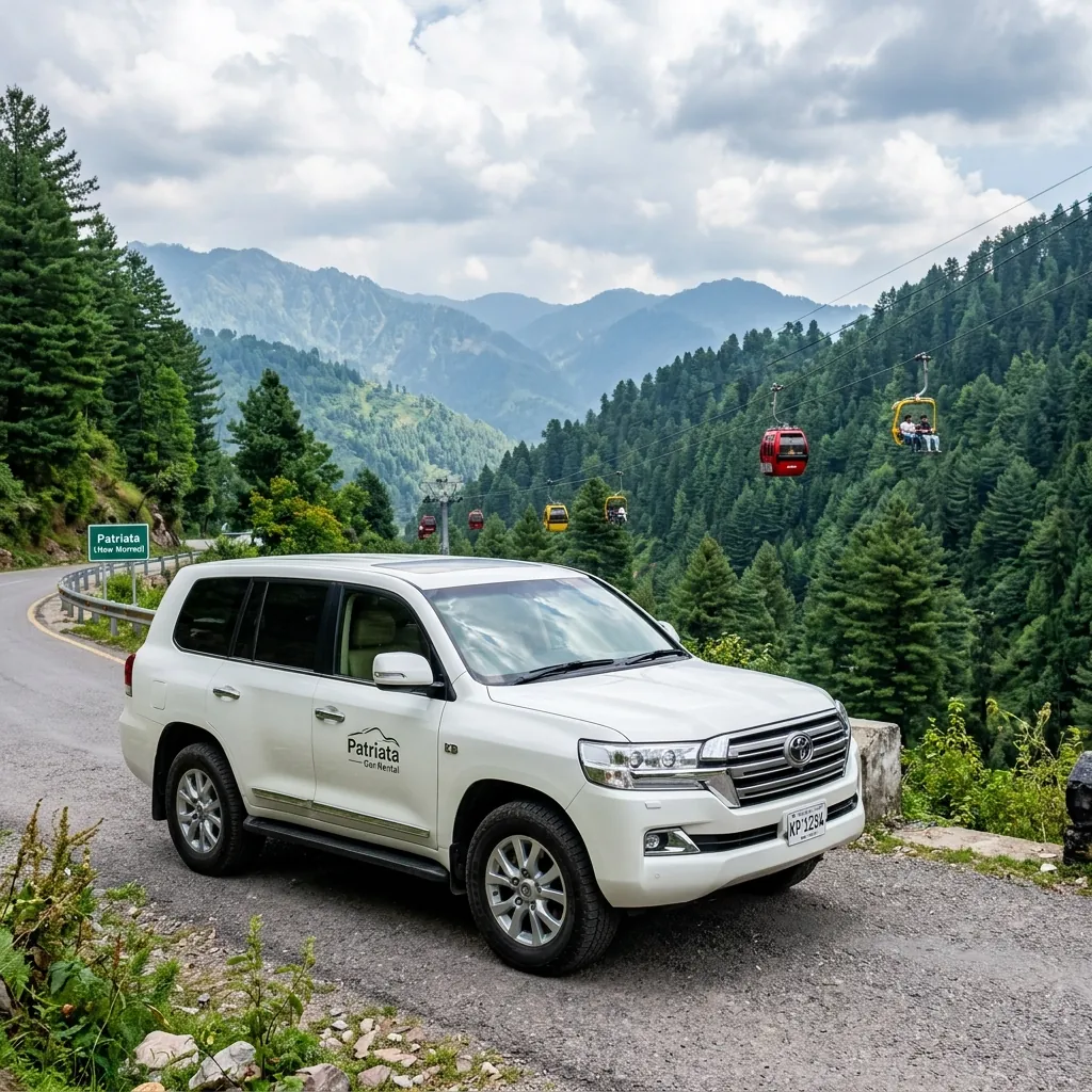 White Land Cruiser with driver on the Murree hill road with chairlift cabins above