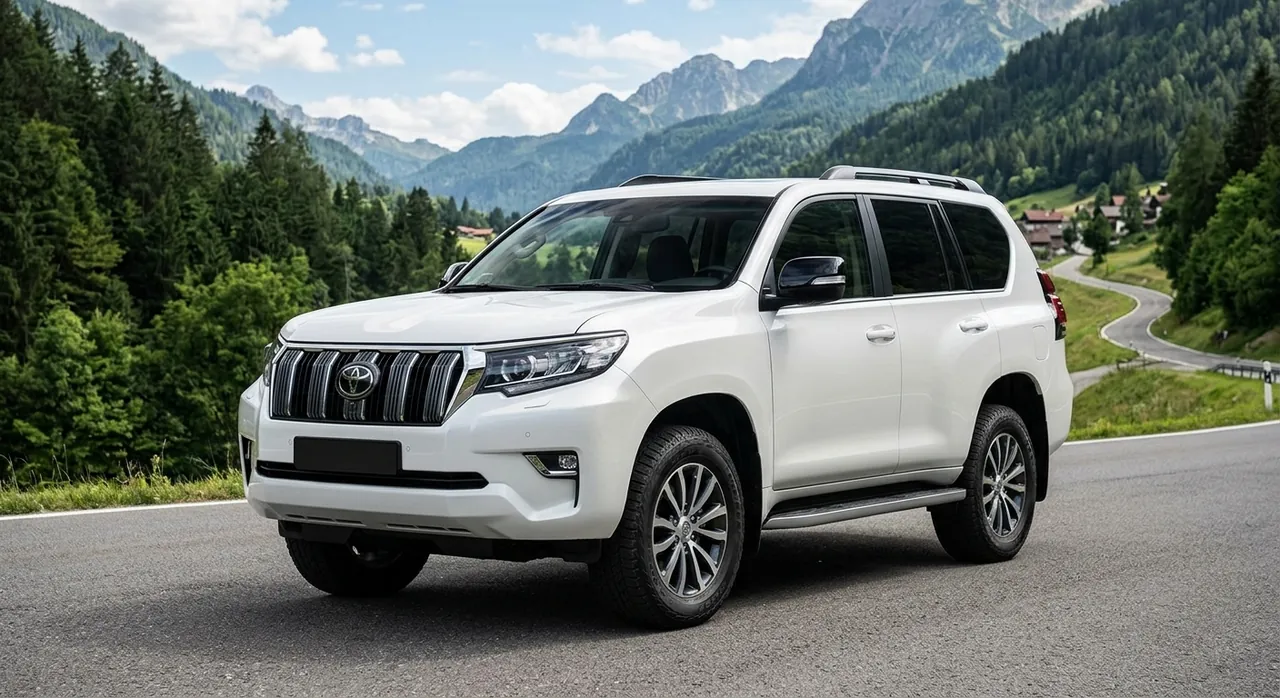 White Toyota Prado SUV with a professional driver on a mountain road in Pakistan